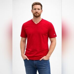 Champion Men V-Neck T-Shirt M Red Classic Minimalist 100%Cotton Athletic Casual